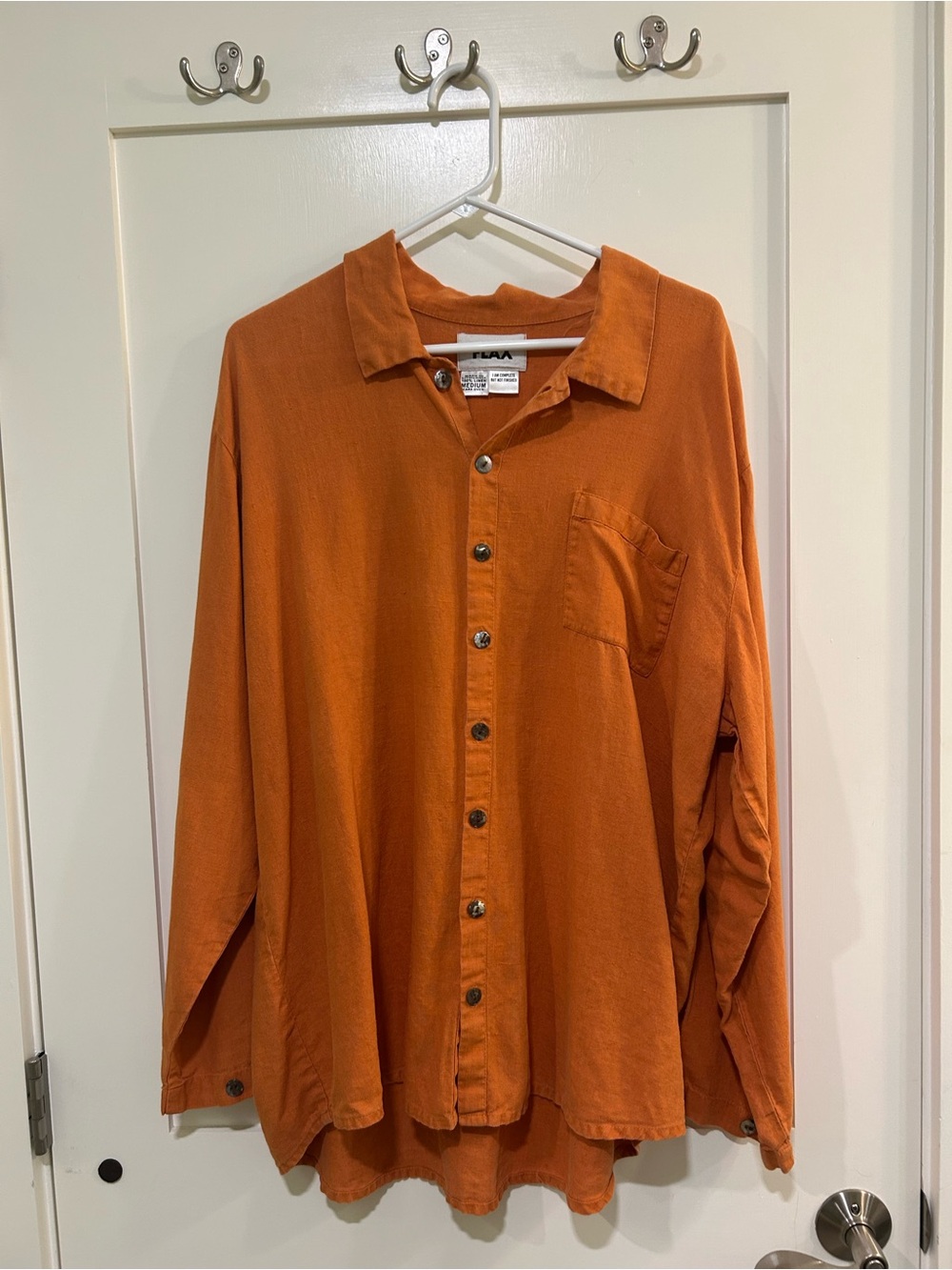 FLAX Jeanne Engelhart 100% Linen Orange Button Down Shirt M Mens